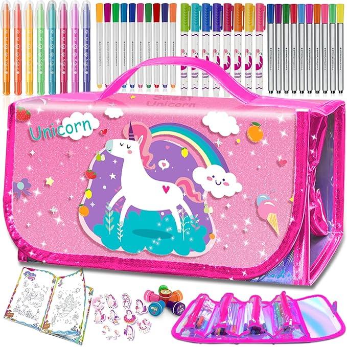56 PCS Washable Scented Markers with Glitter Pencil Case, Mermaid Unicorn Arts and Crafts for kids 4-6-8 Kids Coloring Drawing Kits for 4-8 Years Old Girls Xmas Gifts Stocking Stuffers (Pink, 56)