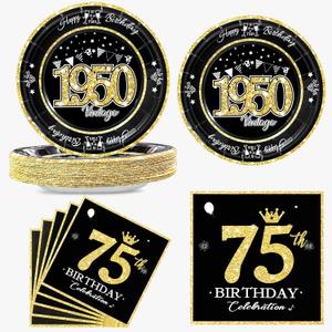 60 PCS Vintage 75th Birthday Plates and Napkins Set, 75th Birthday Decorations Black and Gold, Service for 30, 1950 Birthday Dessert Plates and Napkins Party Supplies for Men Women