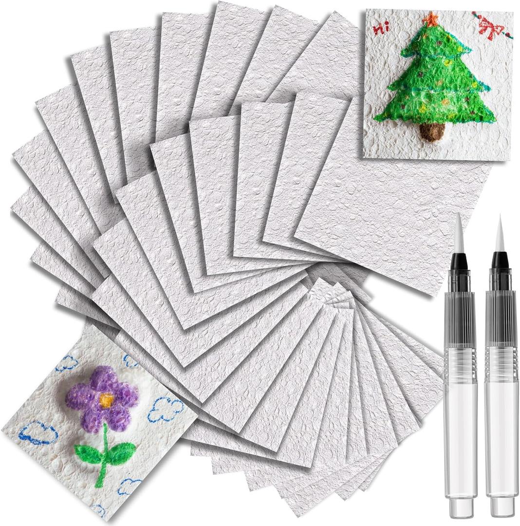 Wonderjune 20 Pcs Christmas Foam Texture Painting Paper for Craft, Magical Foam Texture Paper Sheet with Water Brush Pen, Handicraft Blank Painting Sheet for 3D Craft DIY Art Supplies (Square)