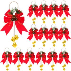 20 Pcs Large Christmas Bow Red Velvet with Pine Cone Pine Needle Bell 12 x 5 in Christmas Wreath Decorative Bow for Kitchen Cabinet Tree Craft DIY(Red)