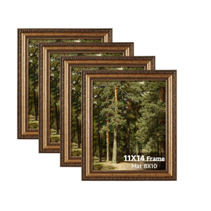 11x14 Gold Picture Frame Set of 4, Vintage Antique Picture Frames for Wall or Tabletop, 11 x 14 Ornate Bronze Photo Frame with Real Glass, Display 8x10 Poster with Mat or 11x14 without Mat, 4 Pack