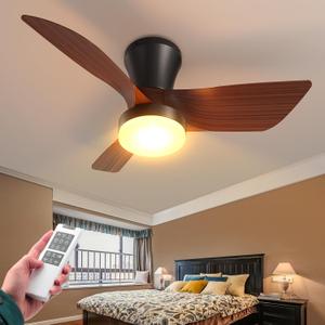 VOLISUN Small Ceiling Fans with Lights, 30in Flush Mount Ceiling Fan with Light and Remote, 3CCT Dimmable Low Profile Ceiling Fans with Light,Modern Ceiling LED Fan Light for Bedroom,LivingroomWood