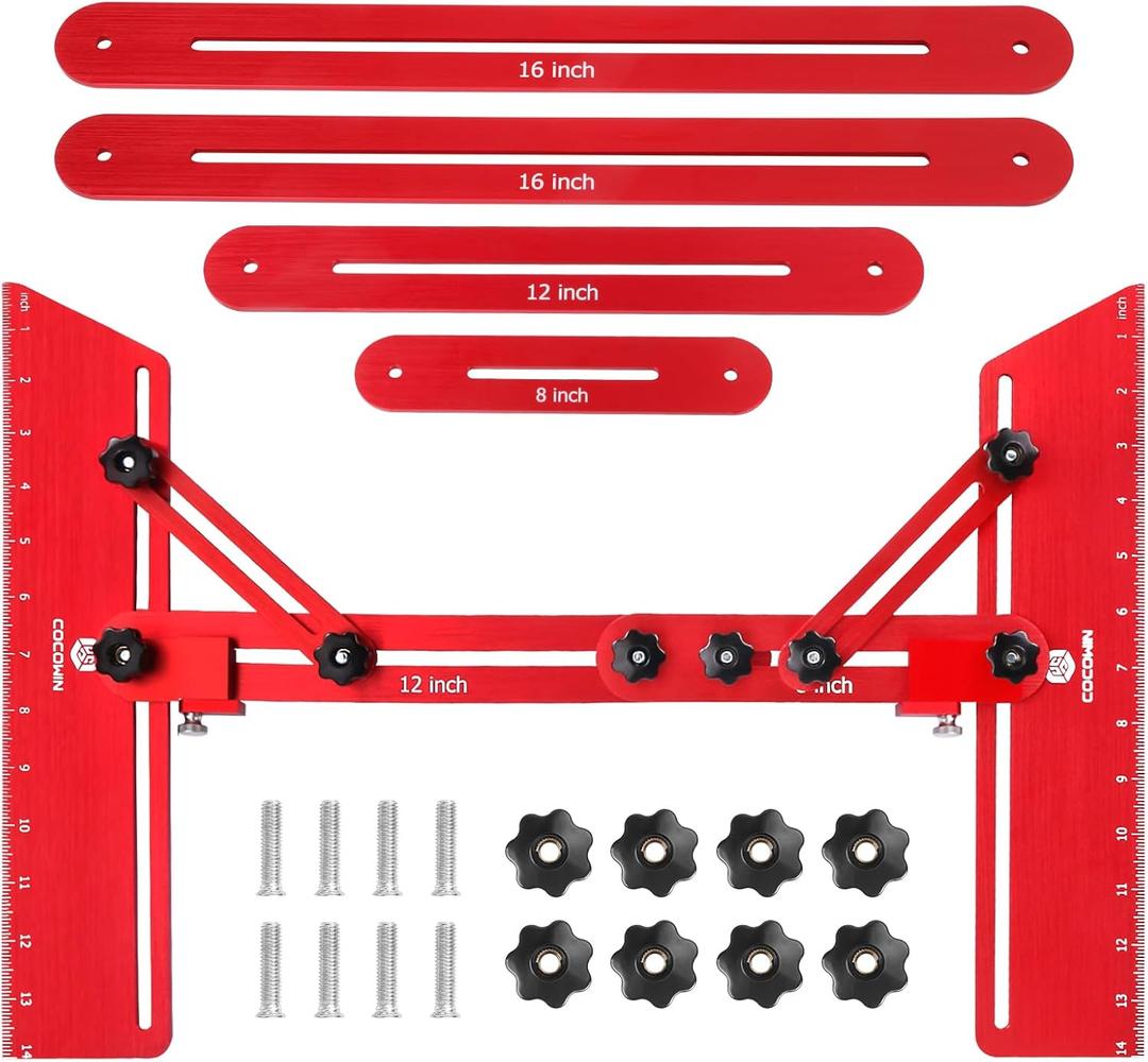 Stair Tread Template Tool, Stair Tread Gauge Measuring Tool jig with Angled Brace and Edge Flip Stops, Adjusting Length from 11.5" to 60", Solid Aluminum Alloy for Cutting Perfect Stairs (Red)