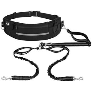 Pecute Dog Leash Hands Free for 2 Dogs, Waist Belt for Walking with Pouch, Durable Bungee, Dog Seat Belt, Dual Leash for Medium 30-180 lbs, Running, Hiking, Training Black