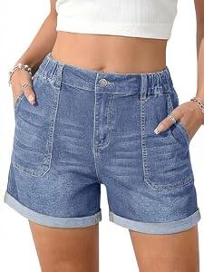 PINKMSTYLE Womens Jean Shorts for Women Denim High Waisted Elastic Waist Stretchy Summer Mom Short Light Blue Medium