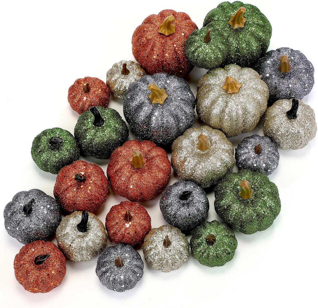 24 Pcs Thanksgiving Glitter Mini Pumpkin Decor Green, Orange, Champagne Small Artificial Foam Pumpkins Fall Tree Hanging Ornament Tiered Tray Decor for Autumn Thanksgiving Party Indoor Home (Elegant Colors)