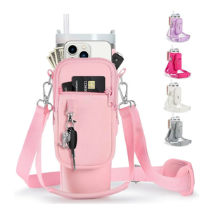 Water Bottle Carrier Bag with Strap for Stanley 40/30 oz Tumbler with Handle, Water Bottle Holder Pouch with Phone Pocket for Stanley Cup Accessories, Fit for Walking Hiking Travel Pink