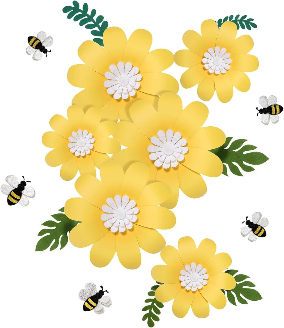 Fullhawl 19 Pcs Daisy Bee Cutout Bulletin Board Decorations 3D Daisy Paper Flower Wall Decor Bee Party Supplies 13 Flowers with Leaves 6 Cutout for Birthday Bridal Wedding Classroom Craft(Yellow)