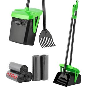 FUSBUNTY Pooper Scooper Swivel Bin & Rake with 100 Waste Bags, Dog Pooper Scooper with Bag Attachment for Large Medium Small Dogs, Poop Scooper with Lid for Lawn Yard Dog Kennel (Green)