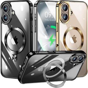 [CD Ring Compatible with MagSafe Invisible Stand] Magnetic for iPhone 16 Case, [Clear Bumper Non-Yellowing] [Look as Bare iPhone] Slim Clear Case with Holder for Women Men Girls, Black