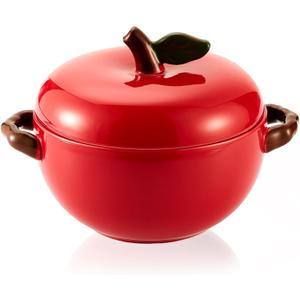 25 oz Apple Ceramic Ramekin with Lids and Handles Oven Safe, Mini Red Porcelain Casserole Dishes for Home Baking Souffle Creme Brulee, Kitchen Decor Gift