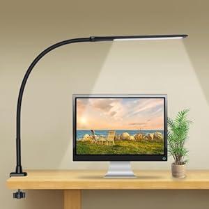 YOUKOYI LED Desk Lamp with Clamp, 10W Swing Arm Clamp Lamp, 5 Brightness Levels & 4 Color Modes, Gooseneck Lamps Touch Control, Architect Desk Lamp for Home Office, Reading, Work(Black)