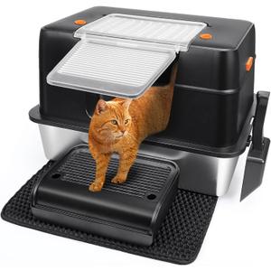Vivifying Stainless Steel Litter Box, XL Side Entry Extra Large Litter Box with Lid for Big Cats & Kitty, Removable Enclosed Metal Cat Pan with High Sided Enclosure, Scoop, Mat, Footboard (Black)