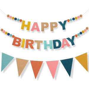 Oudain 2 Pack Pre-strung Felt Happy Birthday Banner Party Decorations Reusable Boho 3D Pom Pom Ball Garland Triangle Flag Birthday Pennant Sign for Adult Boy Girl Photo Prop Backdrop(Rainbow)