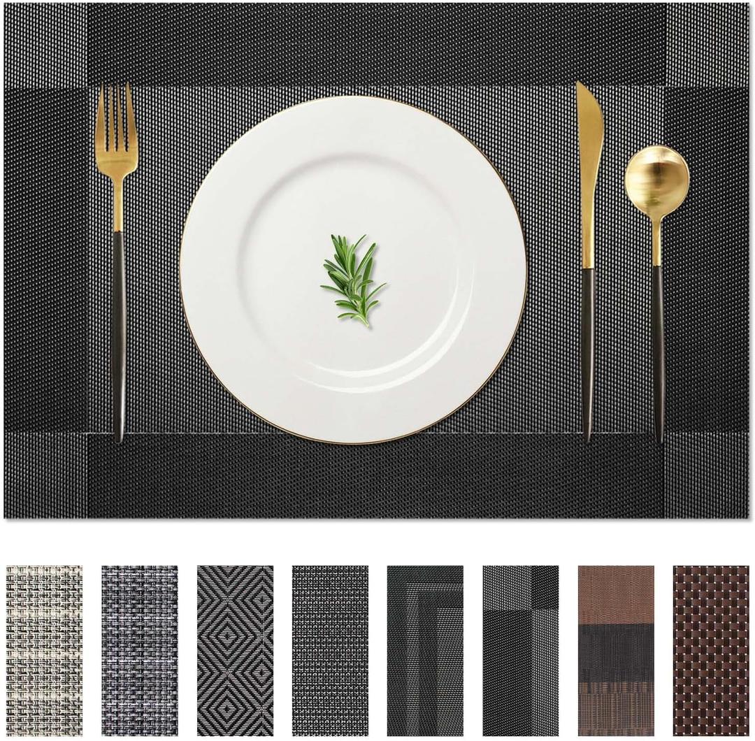 AHHFSMEI Placemats Set of 4 Washable Woven Vinyl Placemats for Dining Table Heat Resistant Non-Slip Stain Resistant Table Mats for Kitchen & Home Decor(Black Corner,4) (17.7X11.8 inches set of 4)