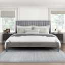 Lexicon California King Bed Frame with Vertical Channel Tufted Velvet Headboard, Modern Bed Frame, Wood Platform Bed, No Box Spring Needed, Easy Assembly, Grey