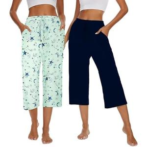 Kabento 2 Pack Womens Pajama Pants Capri Sleep Lounge Pants Drawstring Pj Bottoms with Pockets, Size: Small