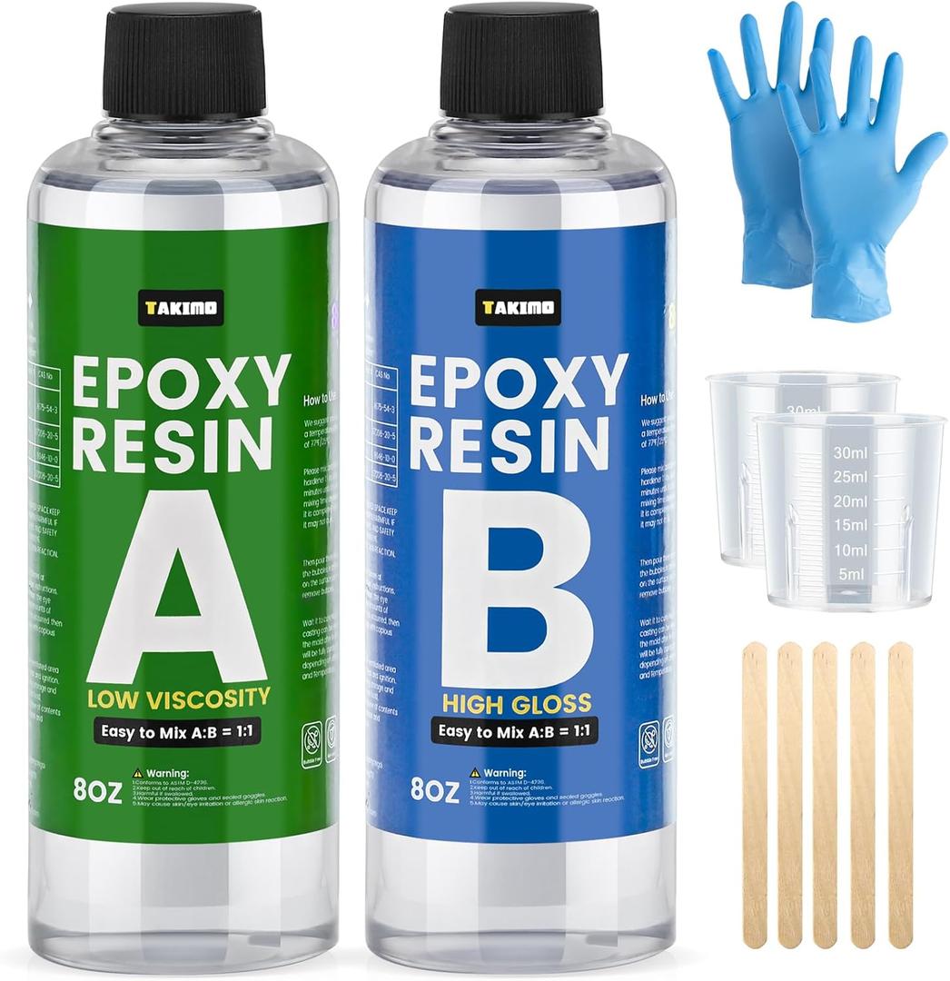 TAKIMO 16OZ Crystal Clear Epoxy Resin Kit - 1:1 Mixing Ratio, Bubble Free & Anti-Yellowing - High Gloss Casting & Coating Resin for Jewelry, River Tables, Bar Top, Countertops & Wood - Heat Resistant