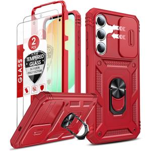 LeYi for Samsung S25-FE Case: Galaxy S25 FE Case with S25 FE Screen Protector X 2, Magnetic Rotatable Stand Samsung Galaxy S25 FE Phone Case, Heavy Duty Shockproof for Celular Phone Case S 25FE, Red
