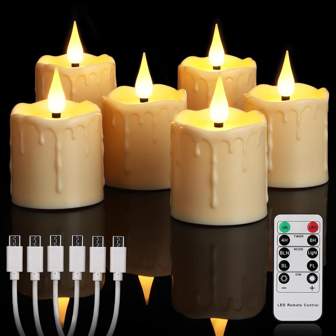 yunsheng Rechargeable Flameless Votive Candles with Remote Timer, D2 x H3 inches in/Outdoor Waterproof Flameless Flickering Electric Candles, 3D Wick Battery Operated LED Tea Lights, Set of 6, Ivory