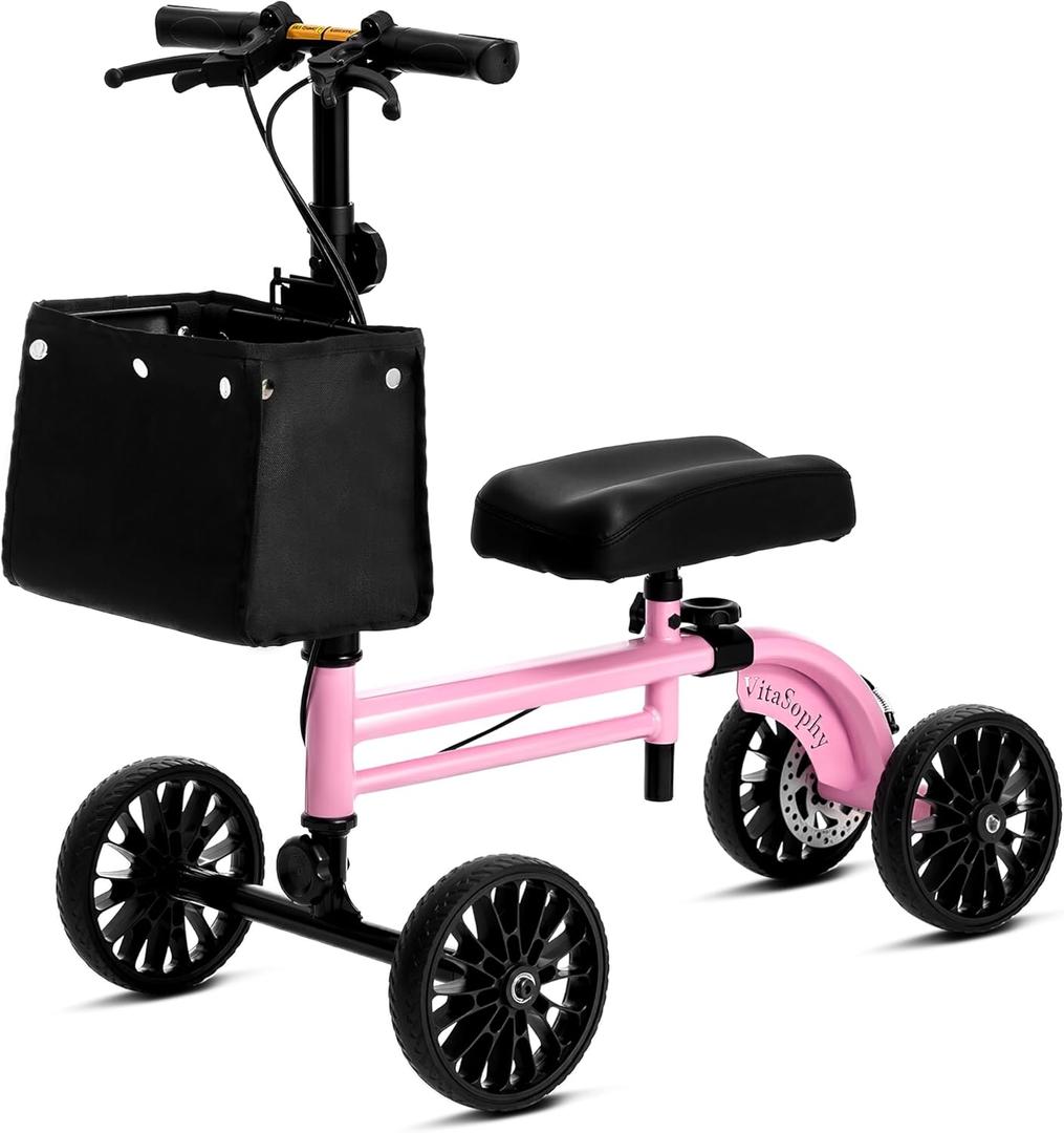 Knee Scooter with Disc Brake, Steerable Knee Walker for Adults,Foldable Rover Scooter for Broken Foot Injured Leg Crutch,Pink