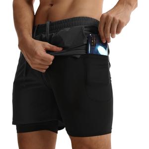 ATTBEA Men's 2 in 1 Running Shorts with Liner 5" Quick Dry Workout Gym Sports Shorts with Pockets (Large, Khaki)