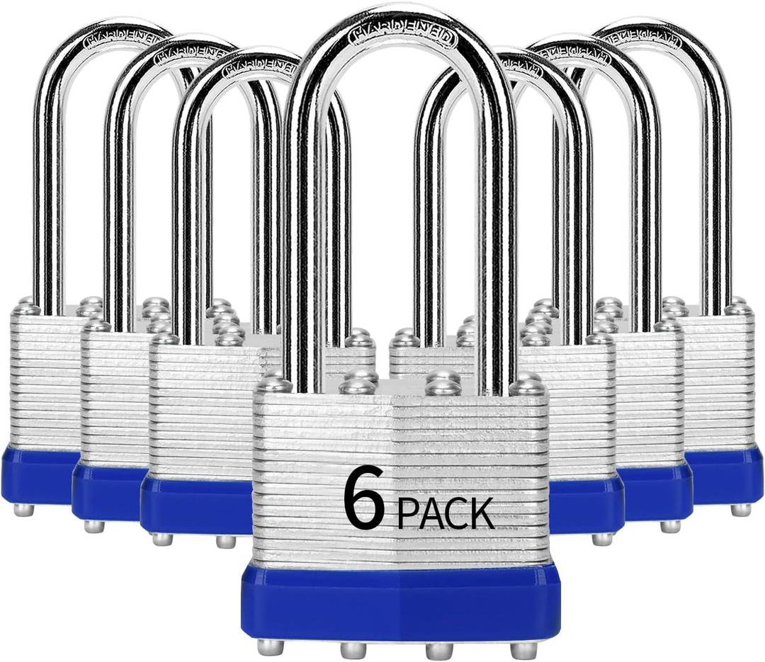 Padlocks Keyed Alike, Pack of 6, Laminated Steel Keyed Lock (1-9/16", 40mm), Padlocks with Same Key, Long Shackle, for Toolbox, Locker & StorageUnit or More