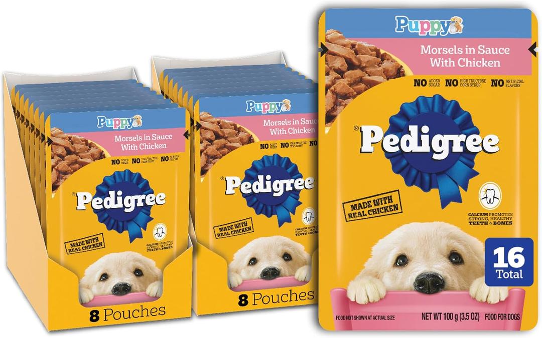 Pedigree Puppy Food Morsels in Sauce, Wet Dog Food Pouches, Chicken Flavor, 3.5 oz. Pouches, 16 Count (EXP 06/01/28)