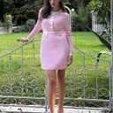 ZESICA Women's Fall Long Sleeve Bodycon Sweater Dress Crewneck Button Knit Color Block Party Mini Dresses (Pink, S)