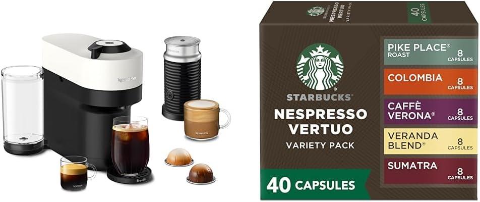 Nespresso Vertuo Pop+ Coffee and Espresso Maker by Breville with Milk Frother, Coconut White + Starbucks Capsules, Vertuo Line