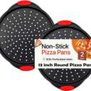13 Inch Pizza Pan for Oven (2 Pack) Round Pizza Pan with Holes - Non-Stick Carbon Steel Pizza Tray with Silicone Handles - for Cooking, Baking, and Grilling - Dishwasher Safe