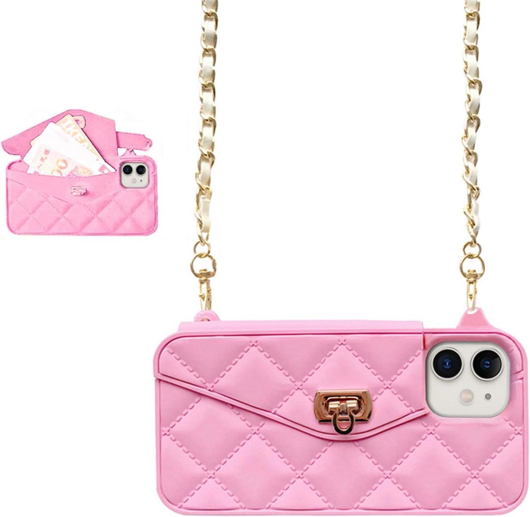 UnnFiko Wallet Case Compatible with iPhone 12 Pro, Cute Light Luxury Bag Design, Purse Flip Card Pouch Cover Soft Silicone Case with Handstrap Long Shoulder Strap (Pink, iPhone 12 Pro)