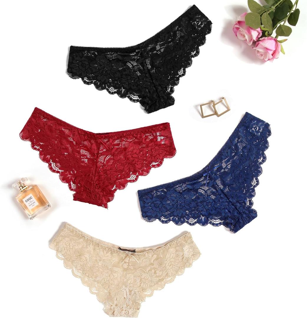 Avidlove Women Floral Lace Panties Sexy Hipster Underwear Cheeky Bikini Panties V-Shape Waistband Tangas (Medium, 4 Pcs-3)