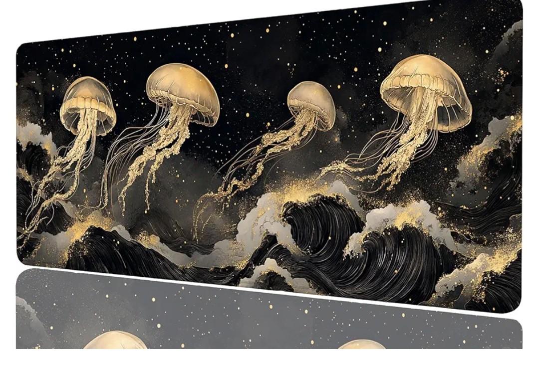 Golden Jellyfish Desk Mat Gaming Desk Pad Large Mouse Keyboard Pad Black and White Night Sky Wave Desktop Mat for Keyboard and Mouse Extra Large Full Desk Computer Pads Desk Decor 31.5" x 11.8"