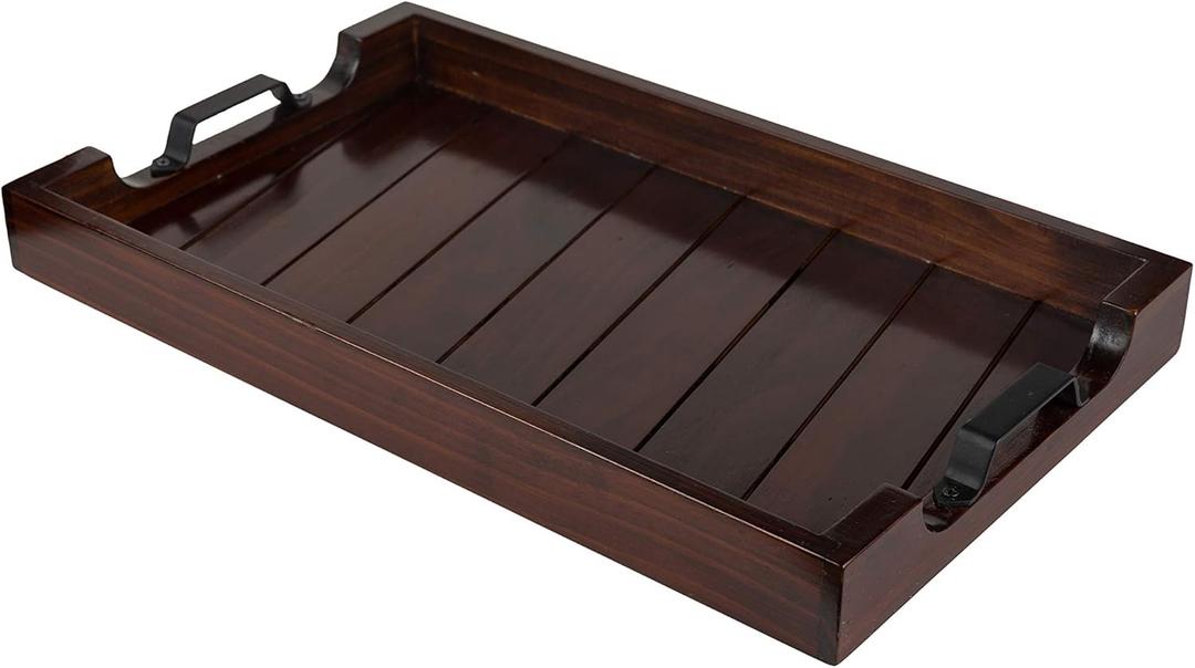 Bamboo Land- Large Wooden Serving Tray with Handle, 20 X 12, Dark Brown, Wooden Tray with Handles, Serving Tray with Handles