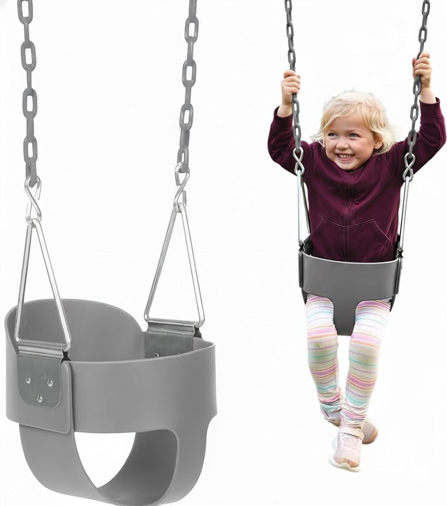 Eastern Jungle Gym Heavy-Duty High Back Full Bucket Toddler Swing Seat | Coated Swing Chains Fully Assembled | Green Swing Set Accessory (Gray)