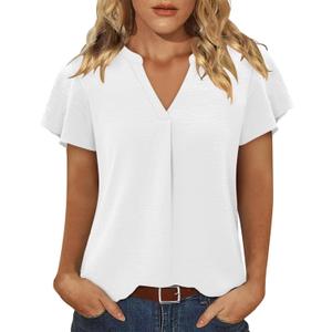 KISSMODA Summer Tops for Women Short Sleeve Shirts Blouses Dressy Casual Date Outfits V Neck Clothes (Large, 1_white)