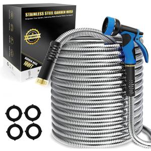 Lefree Garden Hose 100ft, Metal Garden Hose, Flexible Water Hose with 10-Function Nozzle, Stainless Steel Heavy Duty Hose, Crush Resistant, Leak Proof, No Kinks Garden Hoses for Yard, Outdoors, Rv (Silver)