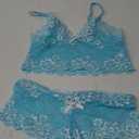 Lilosy Sexy Women Lace Pajamas Lingerie Set High Waist Sheer Sleepwear See Through Nightwear Bow Ties Cami Shorts Bra and Panty 2 Piece Floral Light Blue Medium