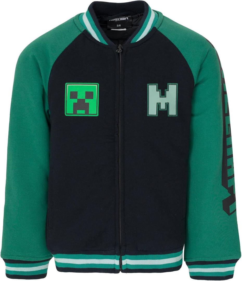 Minecraft Zip Up Varsity Bomber Jacket Little Kid to Big Kid Sizes, Size 18-20, (Black)