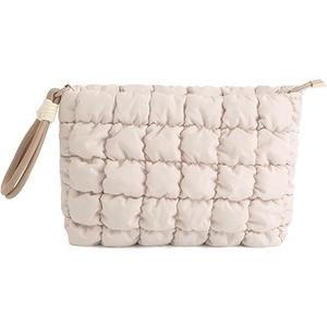 DOB SECHS Puffer Quilted Makeup Bag with Handle, Cute Puffy Cotton Cosmetic Bags for Women, Small Checkered Toiletry Zipper Pouch, Travel Essentials Storage Organizer Clutch Pouches Pencil Case, Khaki