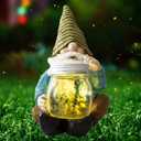 Solar Firefly Jar Gnome Waterproof, Mothers Day, Birthday Housewarming for Women Mom Grandma, Large Garden Gnome Funny Solar Outdoor LED Lights Resin Statues Lantern Figurines Decorations