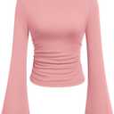 PRETTYGARDEN Womens Long Sleeve Shirts 2026 Spring Crop Going Out Tops Casual Boat Neck Bell Sleeve Ribbed Ruched Y2K Clothes (Medium, Pink)