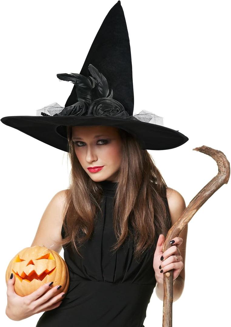 Halloween Witch Hat,Black Pointed Wizard Hat with Flowers, Beads and Feathers for Halloween Costume or Cosplay Party