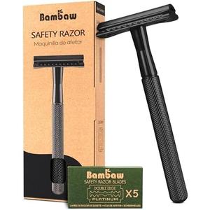 Bambaw Safety Razor for Men with 5 Double Edge Safety Razor Blades, Safety Razors for Men, Sustainable Metal Razor, Zero Waste - Black