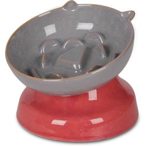 Ceramic Slow Feeder Cat Bowl, 5.35 Inch Tilted Elevated Cat Slow Feeder Bowl, Maze Design Anti Vomiting for Dry and Wet Food, Whisker Friendly Healthy Raised Food Bowl for Cats and Small Dogs