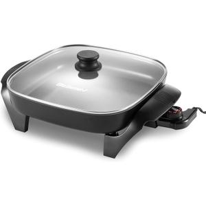 Elite Gourmet 12"x12"x2.15 Ceralast PFAS Free Ceramic Electric Skillet, Dishwasher Safe, Rapid Heat Up, 1200W, Dark Grey