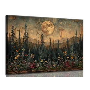 Full Moon Forest Canvas Wall Art Vintage Moonlit Pine Tree Mountains and Wildflowers Woodland Nature Landscape Picture Wall Decor Poster Print Artwork for Bedroom Living Room Home Decoration