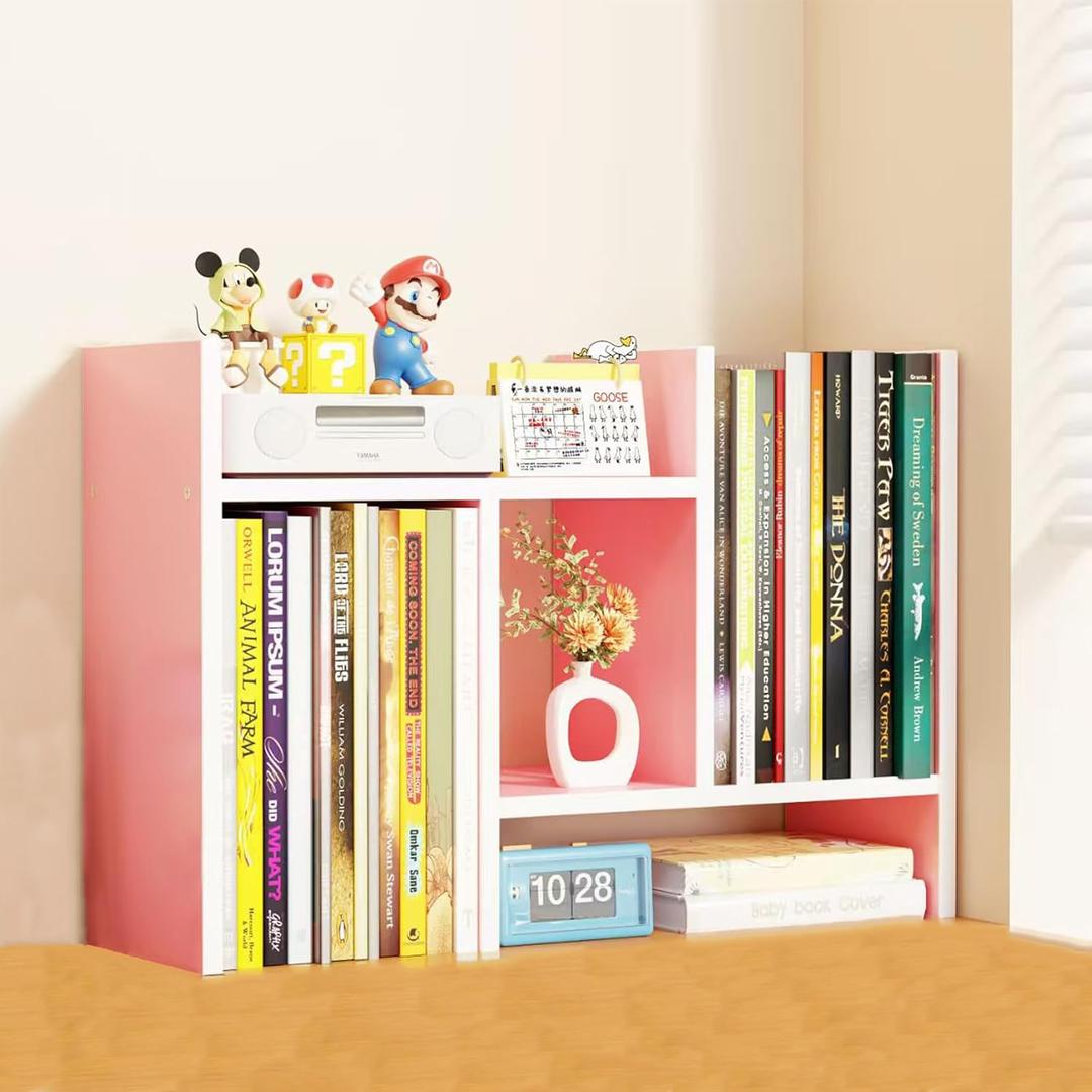 Desktop Shelf Organizer, Adjustable Wood Office Storage Rack, Counter Display Small Bookshelf for Home/Office/School(Pink)