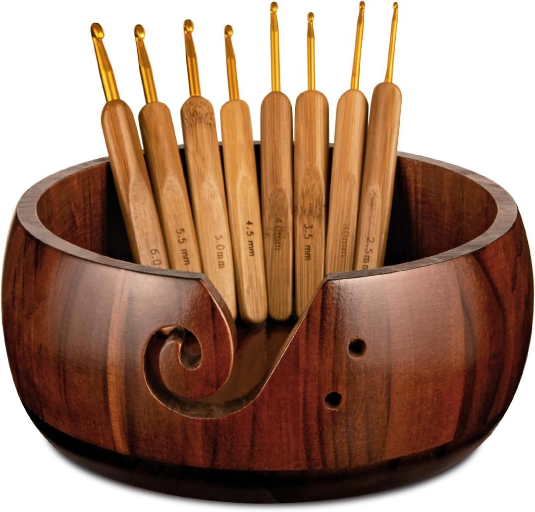 Wooden Yarn Bowl Holder, Craft Knitting Bowl with 8pcs Metal Crochet Hooks, 7.9''Large Yarn Holder Dispenser Yarn Storage Bowls, for Knitters & Crocheters (Brown 7.9 inch)